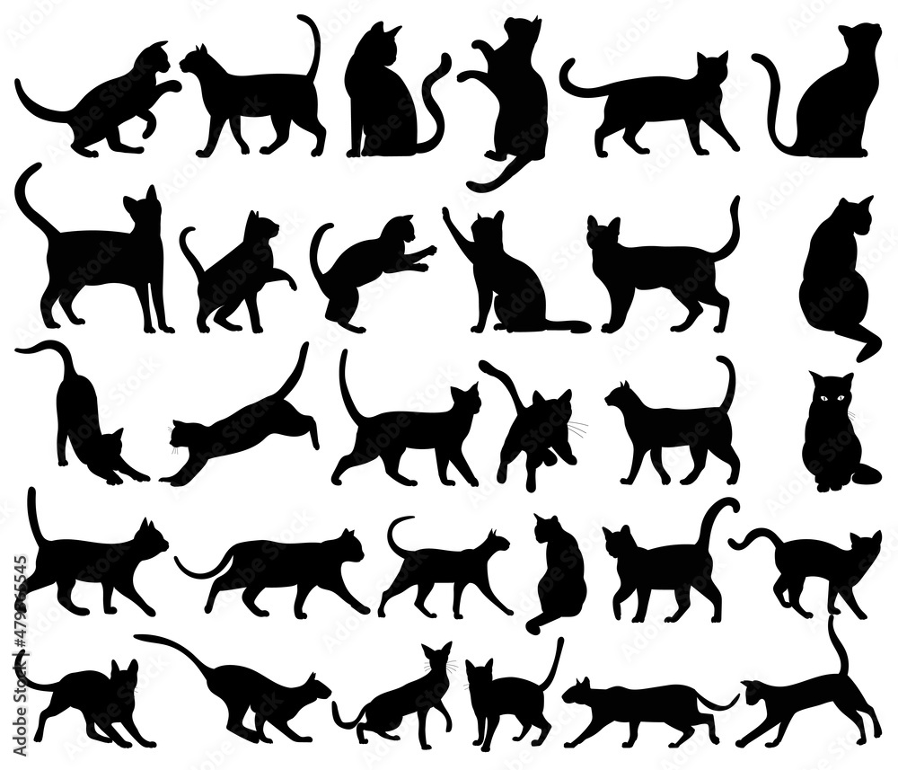 cats set, collection silhouette, isolated, vector
