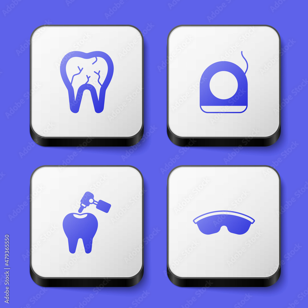 Set Broken tooth, Dental floss, Tooth with caries and drill and Safety goggle glasses icon. White square button. Vector
