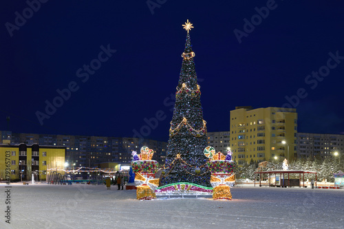 Winter evening in the city of Nadym in the Yamalo-Nenets Autonomous Okrug of Russia