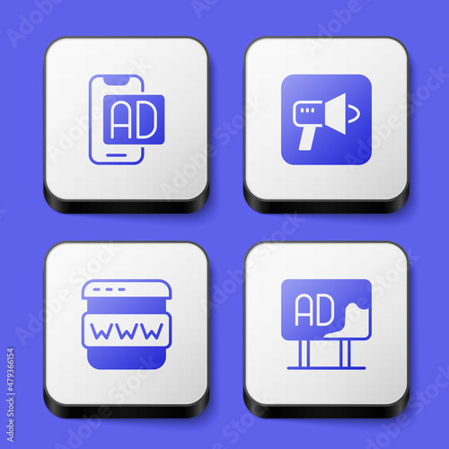 Set Advertising, Megaphone, Browser window and icon. White square button. Vector