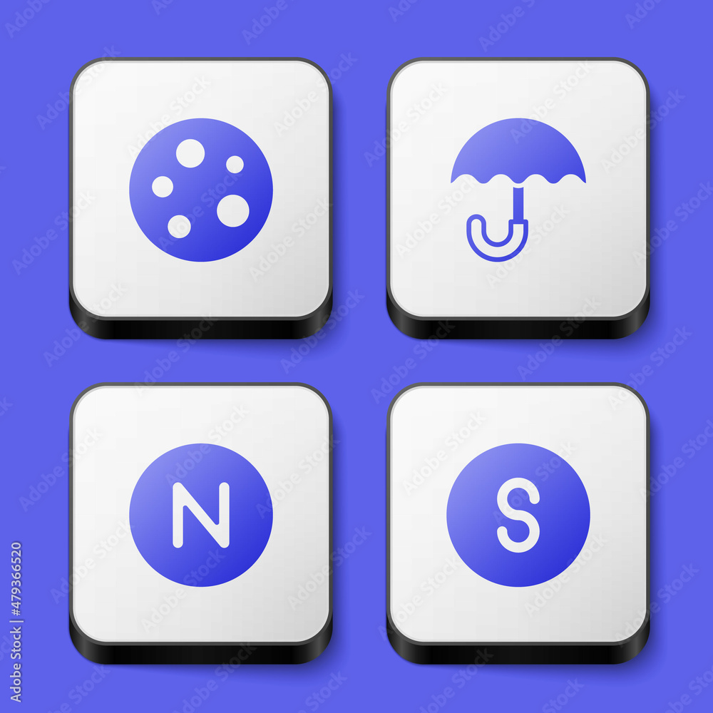 Set Moon, Umbrella, Compass north and south icon. White square button. Vector