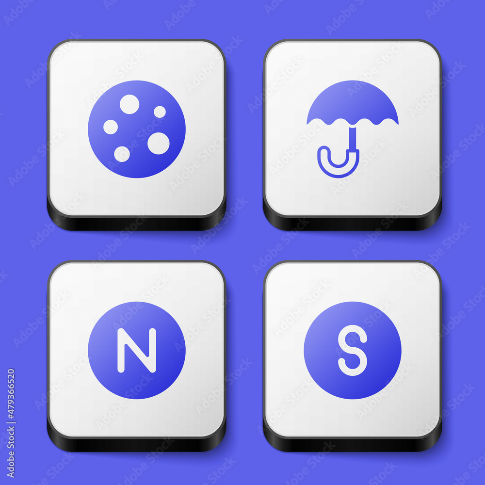 Set Moon, Umbrella, Compass north and south icon. White square button. Vector Set Moon, Umbrella, Compass north and south icon. White square button. Vector