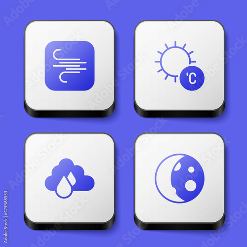 Set Wind, Sun, Cloud with rain and Moon phases icon. White square button. Vector