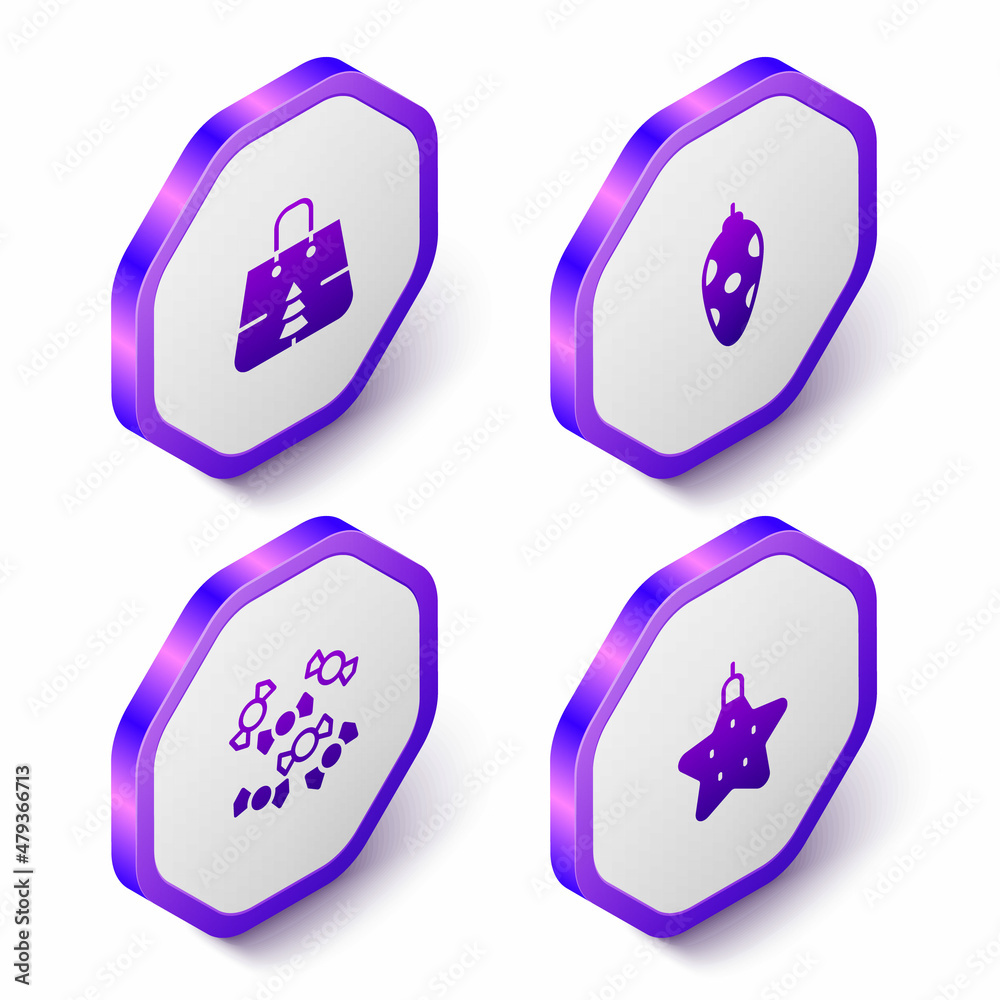 Set Isometric Christmas shopping bag, toy, Candy and star icon. Purple hexagon button. Vector Set Isometric Christmas shopping bag, toy, Candy and star icon. Purple hexagon button. Vector