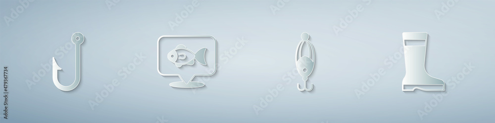 Set Fishing hook, Location fishing, lure and boots. Paper art style. Vector Set Fishing hook, Location fishing, lure and boots. Paper art style. Vector