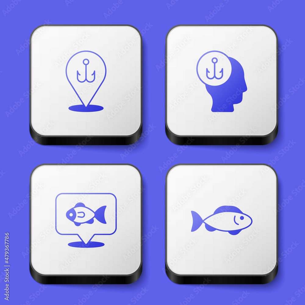 Set Fishing hook, Fisherman, Location fishing and icon. White square button. Vector Set Fishing hook, Fisherman, Location fishing and icon. White square button. Vector