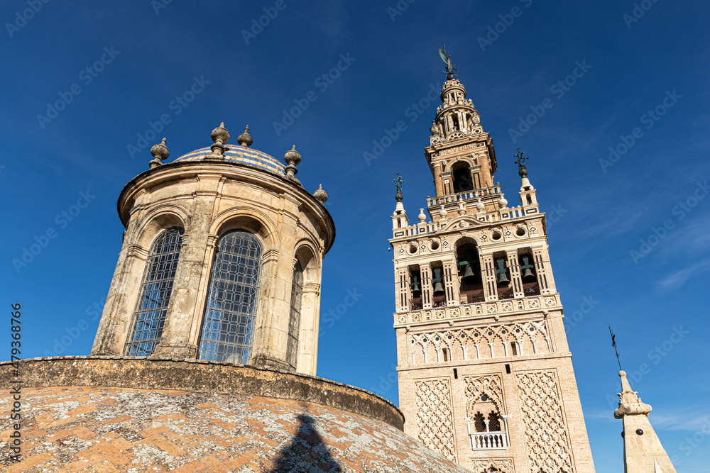 Sevilla, Spain. The Giralda tower seen from the Cathedral rooftop