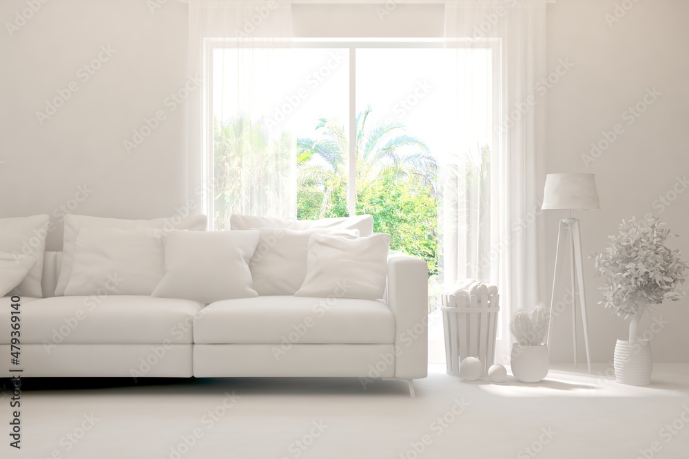 Mock up of stylish room in white color with sofa and green landscape in window. Scandinavian interior design. 3D illustration Mock up of stylish room in white color with sofa and green landscape in window. Scandinavian interior design. 3D illustration