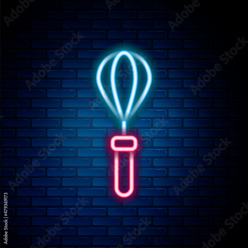 Glowing neon line Kitchen whisk icon isolated on brick wall background. Cooking utensil, egg beater. Cutlery sign. Food mix symbol. Colorful outline concept. Vector