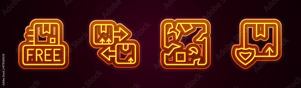 Set line Cardboard box with free symbol, traffic, Broken cardboard and Delivery security shield. Glowing neon icon. Vector