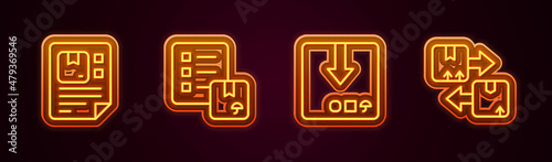Set line Waybill, Verification of delivery list, Carton cardboard box and Cardboard with traffic symbol. Glowing neon icon. Vector