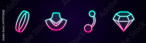 Set line Wedding ring, Necklace on mannequin, Piercing and Diamond. Glowing neon icon. Vector
