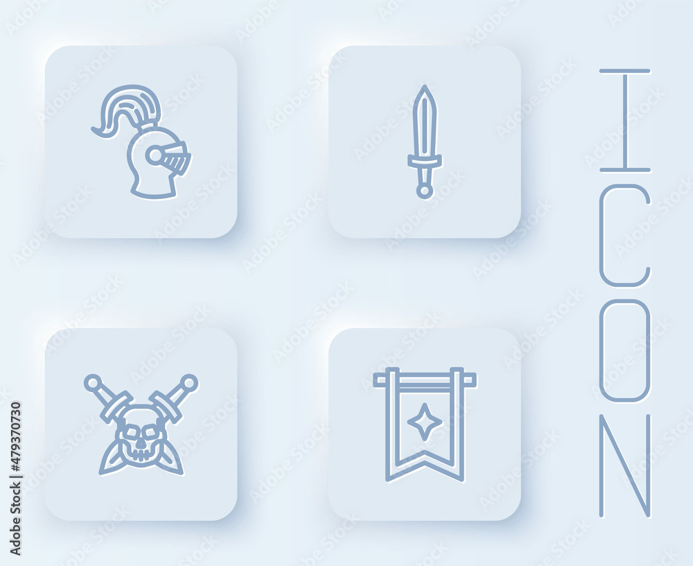 Set line Medieval helmet, sword, Skull with and flag. White square button. Vector Set line Medieval helmet, sword, Skull with and flag. White square button. Vector