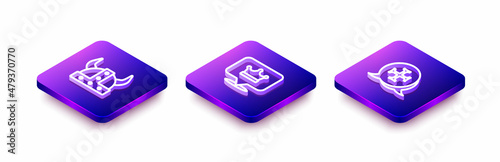 Set Isometric line Viking in horned helmet, King crown and Crusade icon. Vector