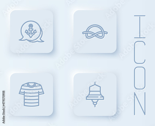 Set line Anchor, Nautical rope knots, Striped sailor t-shirt and Ship bell. White square button. Vector