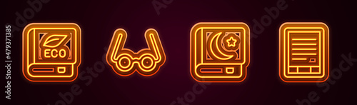 Set line Book about ecology, Glasses, Holy book of Koran and E-Book reader. Glowing neon icon. Vector