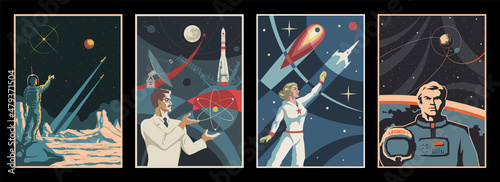 Space Propaganda Poster Set, Retro Science and Space Illustrations Style, Astronauts, Scientist, Space Rockets and Planets photo