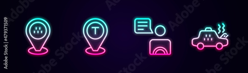Set line Location taxi car, Taxi driver and Broken. Glowing neon icon. Vector