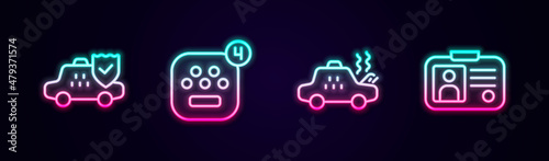 Set line Taxi car insurance, mobile app, Broken taxi and driver license. Glowing neon icon. Vector