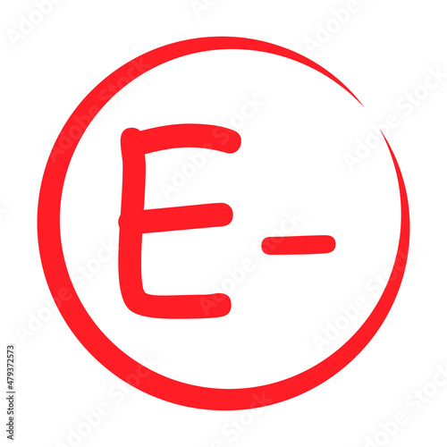 Grade result E minus. Hand drawn icon in red color. Test exam mark report vector illustration