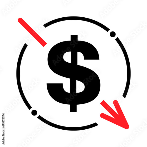 Cost reduction- decrease dollar icon. Vector symbol image isolated on background