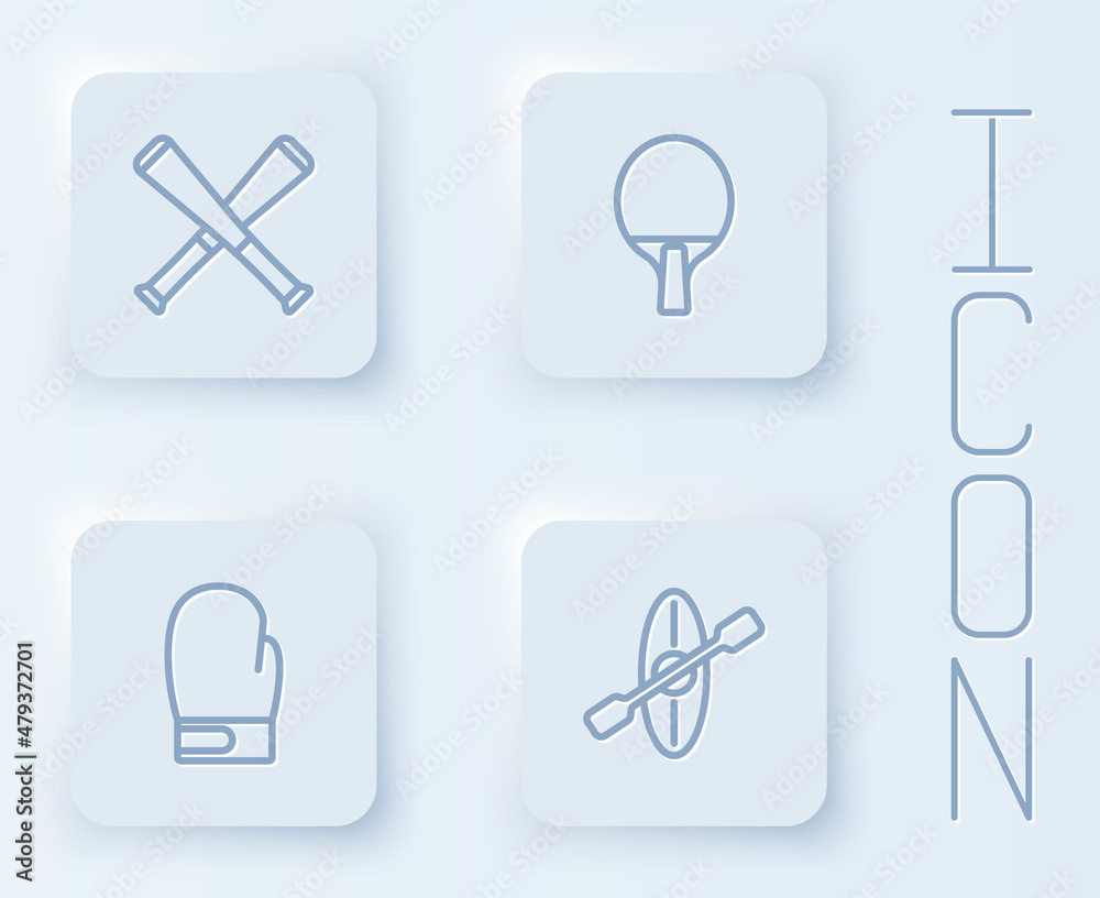 Set line Crossed baseball bat, Racket, Boxing glove and Kayak and paddle. White square button. Vector Set line Crossed baseball bat, Racket, Boxing glove and Kayak and paddle. White square button. Vector