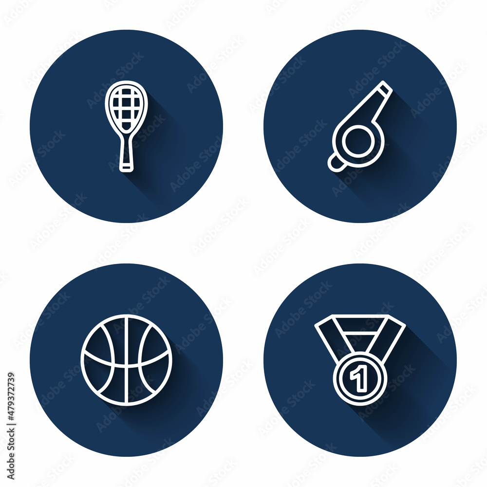 Set line Tennis racket, Whistle, Basketball ball and Medal with long shadow. Blue circle button. Vector Set line Tennis racket, Whistle, Basketball ball and Medal with long shadow. Blue circle button. Vector