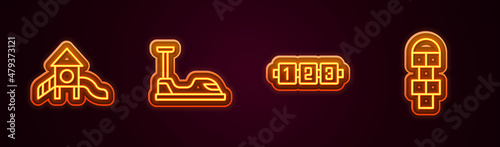 Set line Slide playground, Bumper car, Education logic game and Hopscotch. Glowing neon icon. Vector