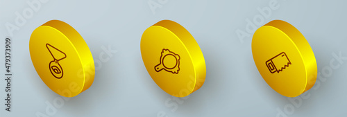 Set Isometric line Medallion on chain with eye, Magic hand mirror and Hand saw icon. Vector