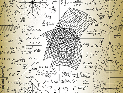 Science vector seamless pattern with handwritten mathematical plots, figures and formulas 