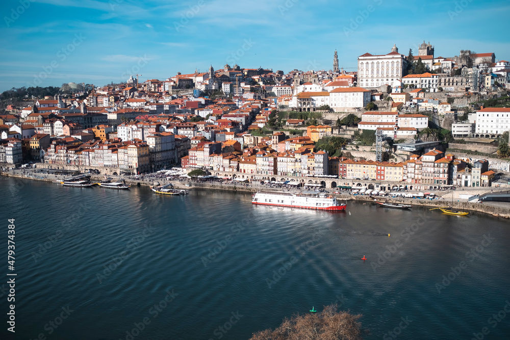 View of the Douro River and Ribeiro from Vila Nova de Gaia, Porto, Portugal.