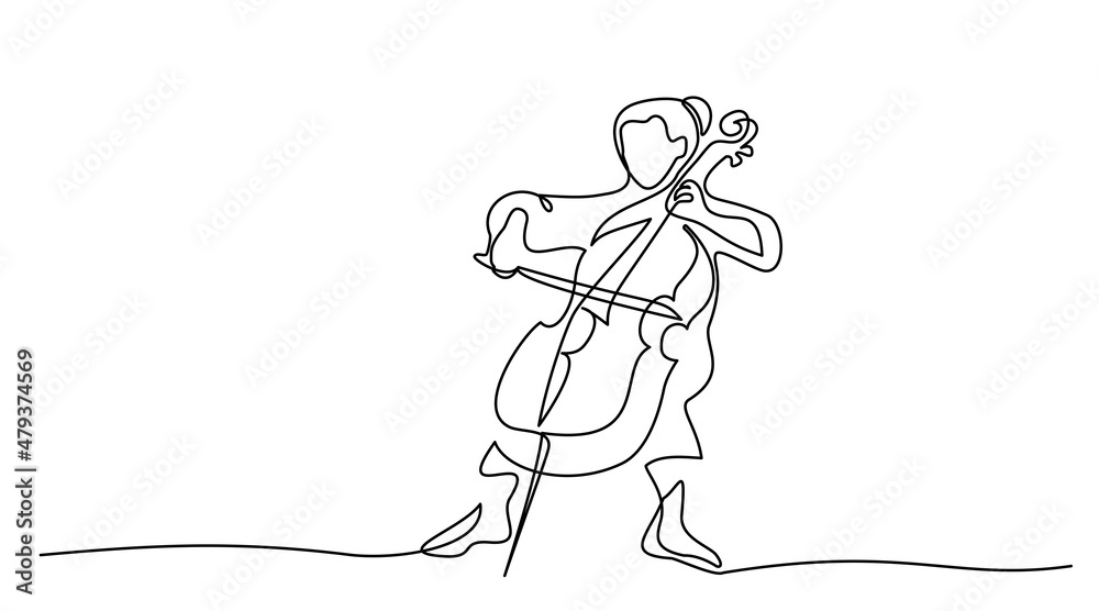 Fototapeta premium Musician playing cello. Continuous one line drawing.