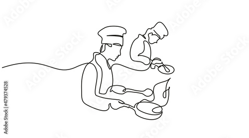 Chef cooking big meal. Continuous one line drawing.