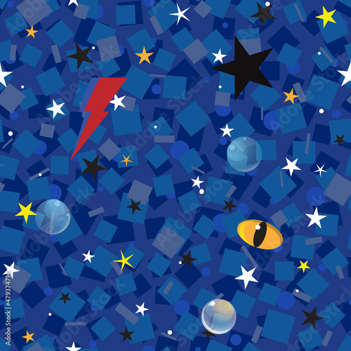 Billede på lærred Abstract vector seamless pattern with lightning bolts, crystal balls and yellow eyes with a vertical pupil and squares on a blue background