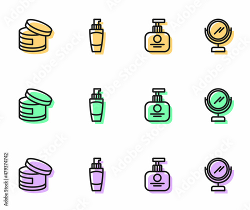 Set line Tube of hand cream, Cream or lotion cosmetic tube, and Round makeup mirror icon. Vector