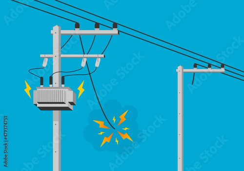 Broken electric wire of cement high voltage pole is damaged and short circuit spark electric current cause danger on blue background flat vector design.