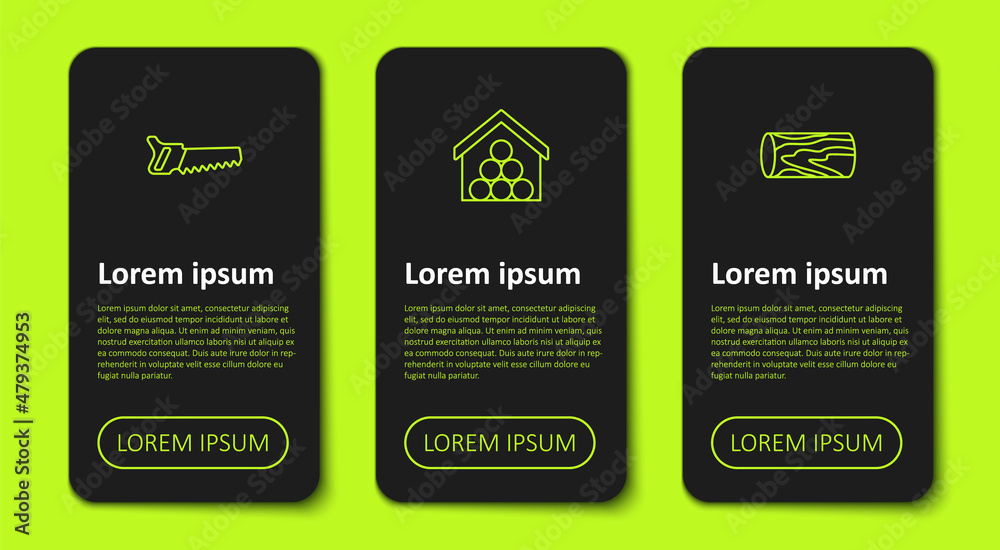 Obraz premium Set line Hand saw, Wooden logs and . Business infographic template. Vector
