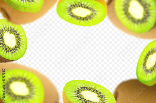 3D realistic kiwi background. Ripe kiwi fruit in motion. Flying defocusing kiwi fruits. Falling kiwi are whole and cut in half. Vector illustration, isolated on transparent background.