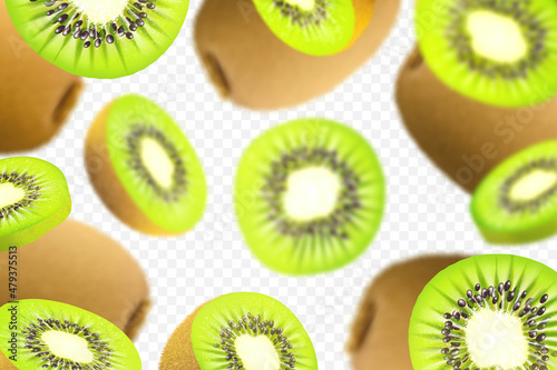 3D realistic kiwi background. Ripe kiwi fruit in motion. Flying defocusing kiwi fruits. Falling kiwi are whole and cut in half. Vector illustration, isolated on transparent background.