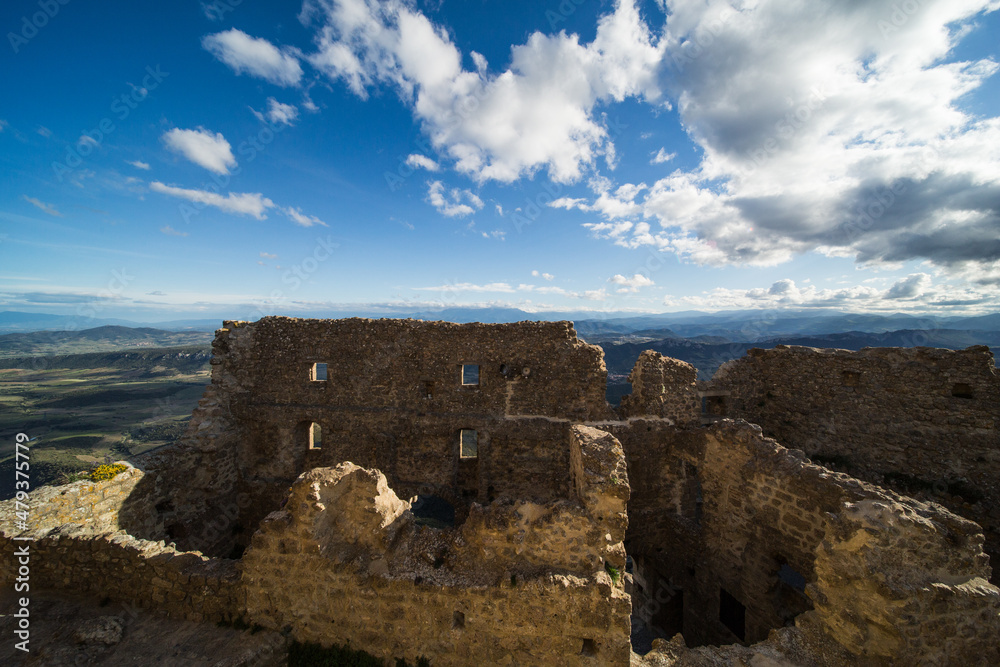 View of Queribus Cathar Castle Ruins and Aude Valley and Landscape on a Sunny Day in France