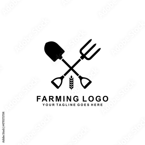 Farming logo. Shovel and farming fork simple flat logo vector
