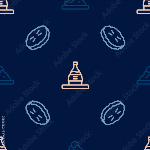 Set line Rice in a bowl, Homemade pie and Bottle of sake on seamless pattern. Vector