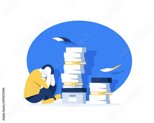 Professional burnout. Young exhausted manager sitting at the office. Long working day. Millennials at work. Flat editable vector illustration, clip art