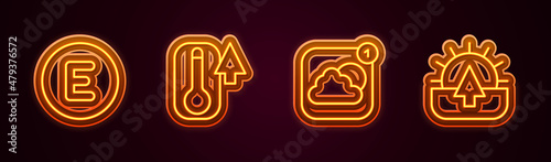 Set line Compass west, Thermometer, Weather forecast app and Sunrise. Glowing neon icon. Vector