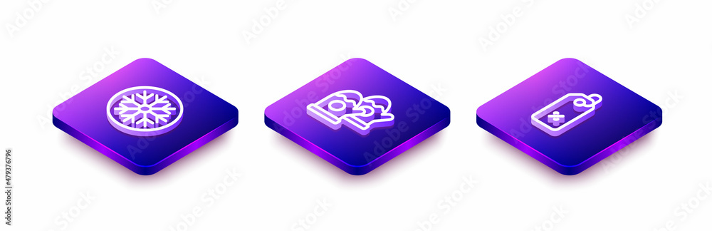 Set Isometric line Snowflake, Christmas mittens and Discount percent tag icon. Vector Set Isometric line Snowflake, Christmas mittens and Discount percent tag icon. Vector