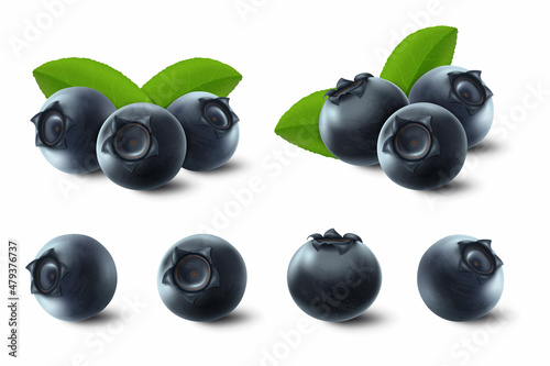 Vector 3d realistic raw blueberry with green leaves, isolated on white background. Ripe berries full of nutritions and vitamins, juicy fresh cooking ingredient.