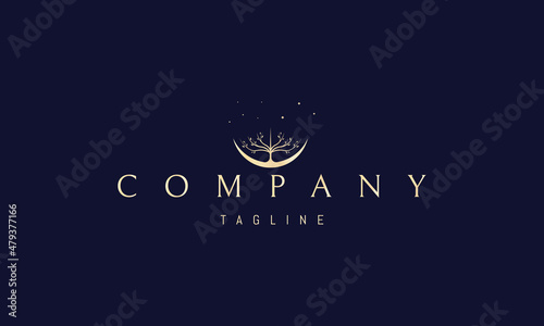 Vector golden logo on which an abstract image of a mighty tree on the moon against the background of the starry sky.