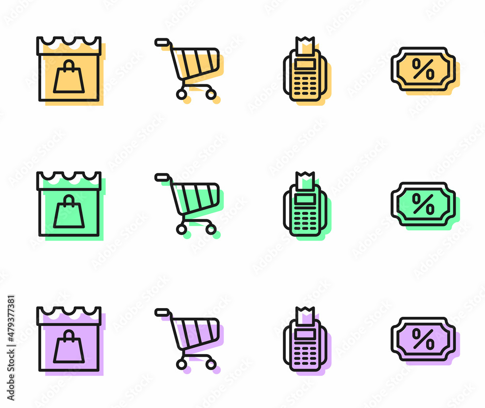 Set line POS terminal, Shopping day, cart and Discount percent tag icon. Vector