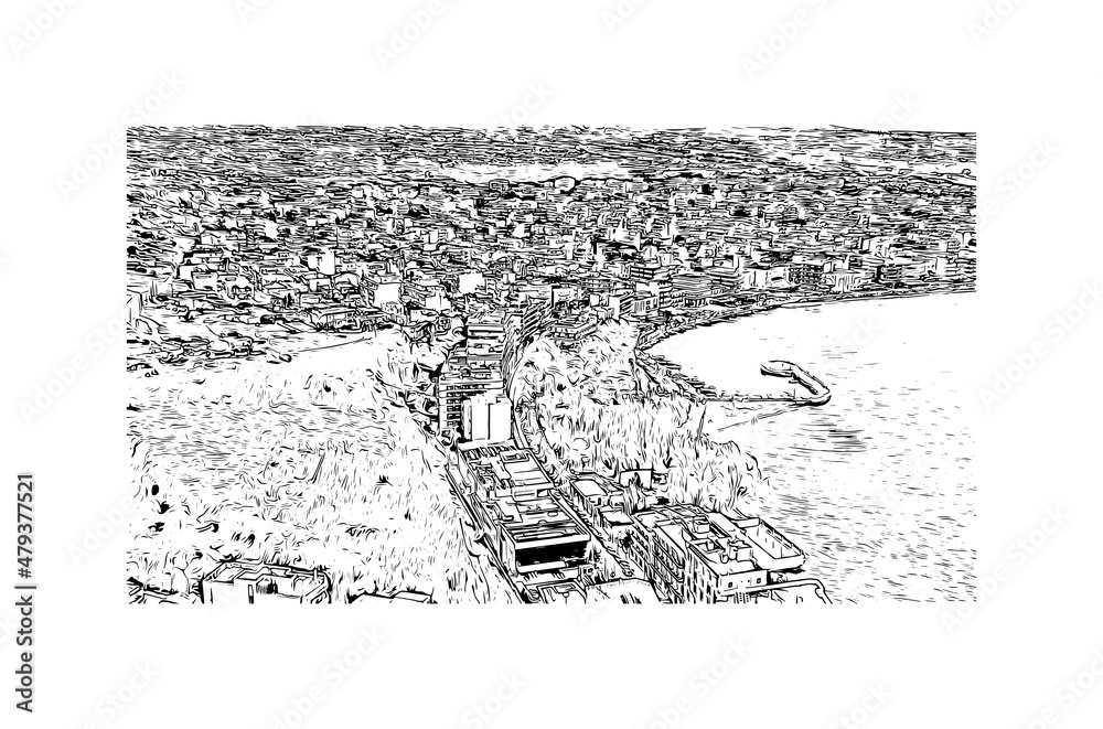 Building view with landmark of Loutraki is the 
municipality in Greece. Hand drawn sketch illustration in vector.