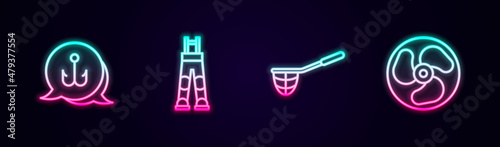 Set line Fishing hook  Fisherman pants  net and Outboard boat motor. Glowing neon icon. Vector